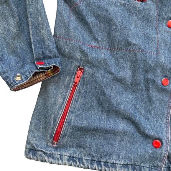 Vintage S.B.S Denim Hooded woman's Jacket With Plaid Lining & Red Accents - Picture 8 of 9